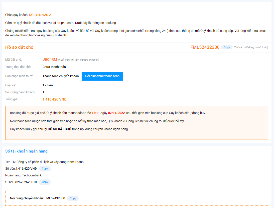 thanh toán chuyển khoàn