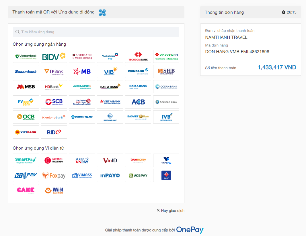 các ngân hàng, ví điện tử được hỗ trợ thanh toán