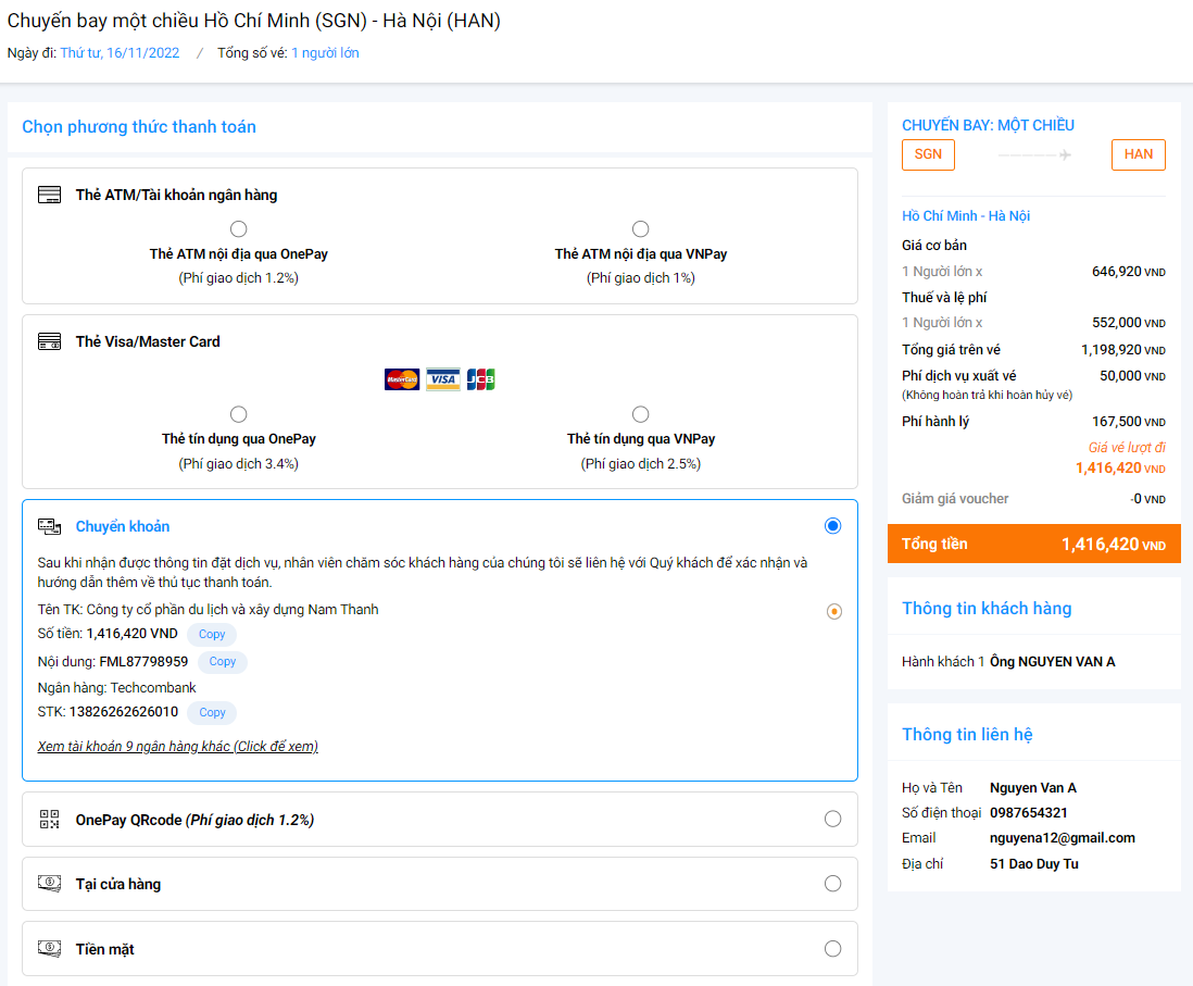 các hình thức thanh toán vé máy bay