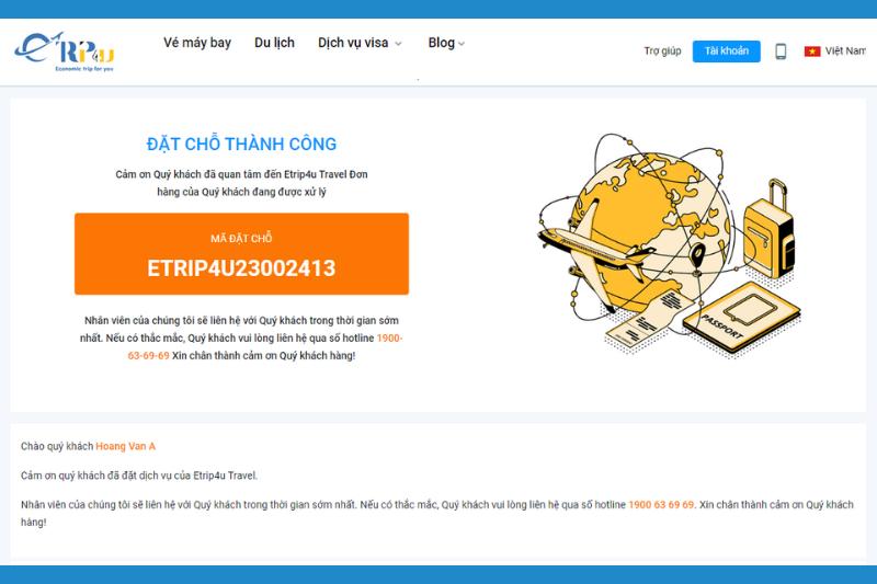 đặt chỗ thành công