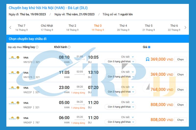 Giá vé máy bay Hà Nội Đà Lạt Vietnam Airlines