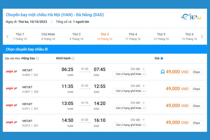 Giá vé máy bay Hà Nội Đà Nẵng VJ