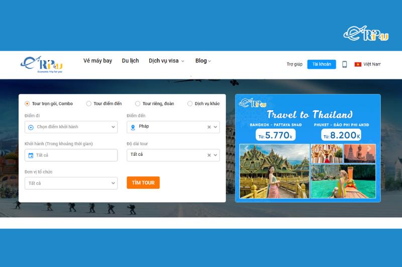 giao diện đặt tour du lịch  tại Etrip4u