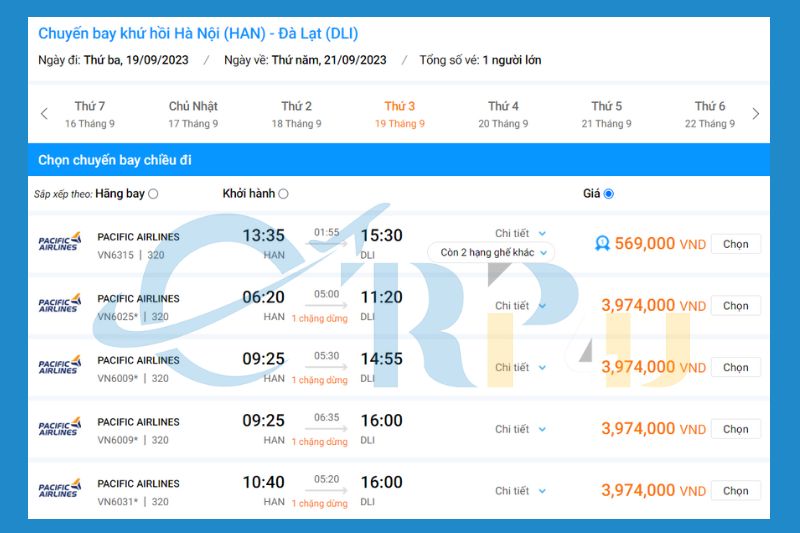 Giá vé Hà Nội đi Đà Lạt hãng Pacific Airlines
