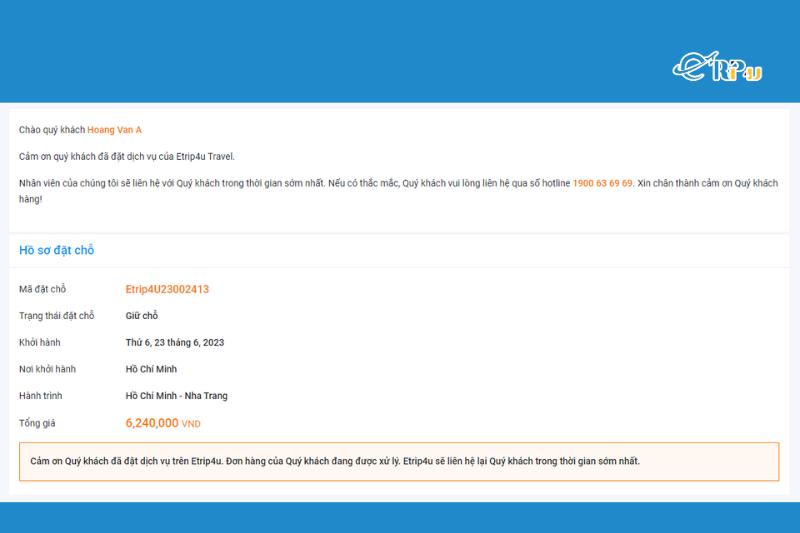 hồ sơ đặt chỗ tour du lịch etrip4u