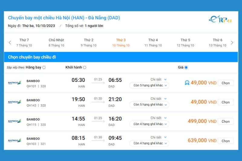 Giá vé máy bay Hà Nội Đà Nẵng Bamboo Airways