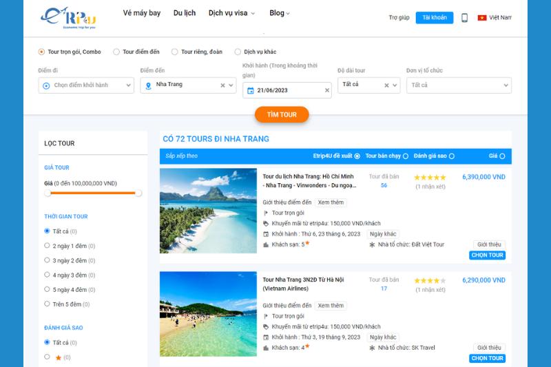 hiện thị tour du lịch tại etrip4u