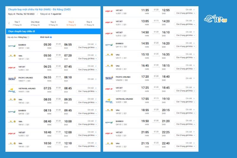 Lịch bay Hà Nội Đà Nẵng các hãng hàng không