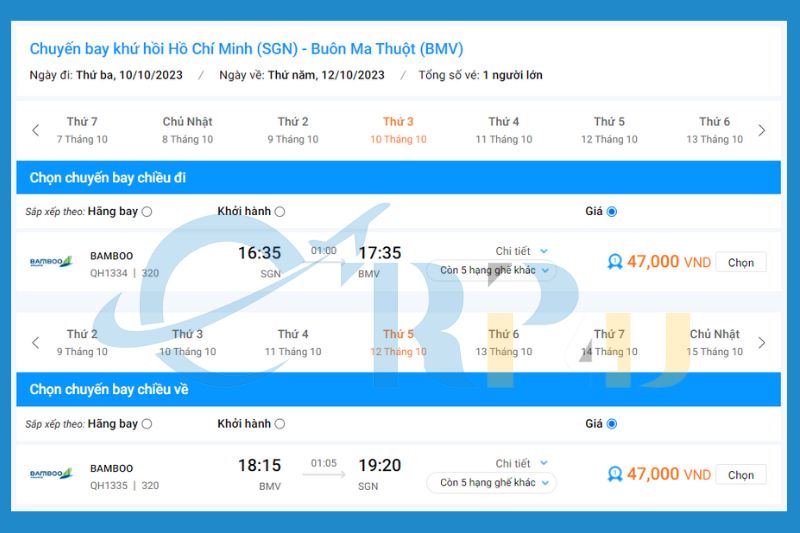 Giá vé máy bay TPHCM đi Buôn Mê Thuột Bamboo Airways