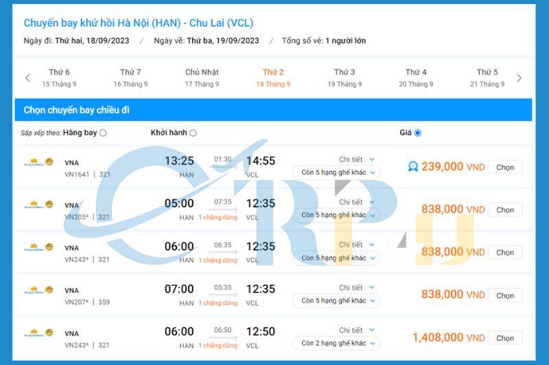 Vé máy bay Hà Nội Chu Lai giá rẻ của VNA