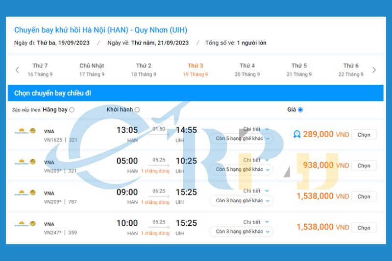 Chuyến bay Hà Nội - Quy Nhơn Vietnam Airline giá bao nhiêu?