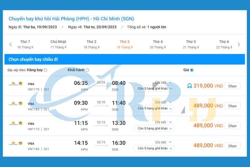 Giá vé máy bay từ Hải Phòng đi Sài Gòn Vietnam Airlines