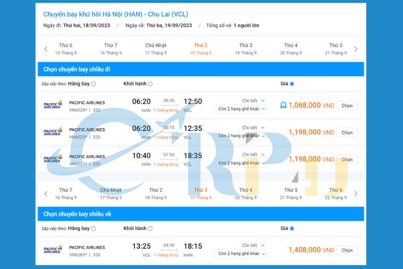 Vé máy bay đi Chu Lai từ Hà Nội của Pacific Airlines giá bao nhiêu?