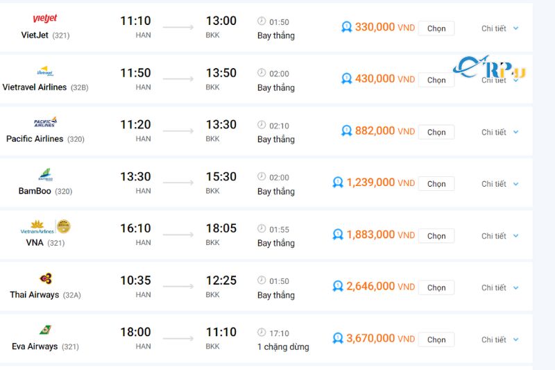 Giá vé Hà Nội - Thái Lan của một số hãng