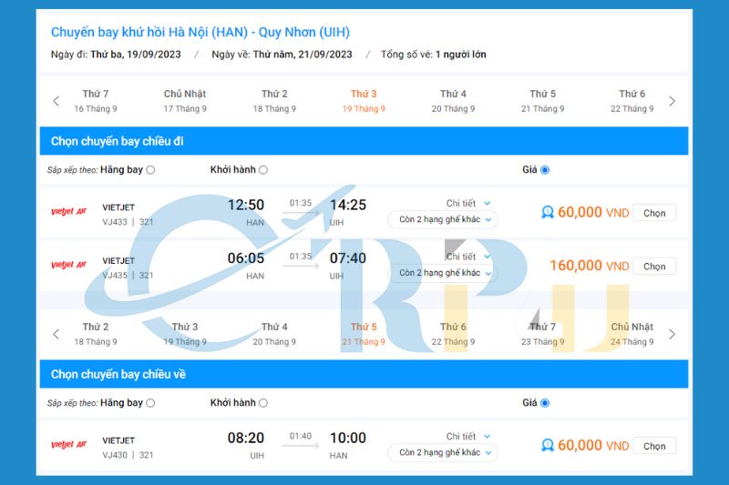 Giá vé máy bay Hà Nội Quy Nhơn khứ hồi Vietjet Air
