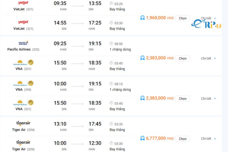 Giá vé chặng Hà Nội - Singapore