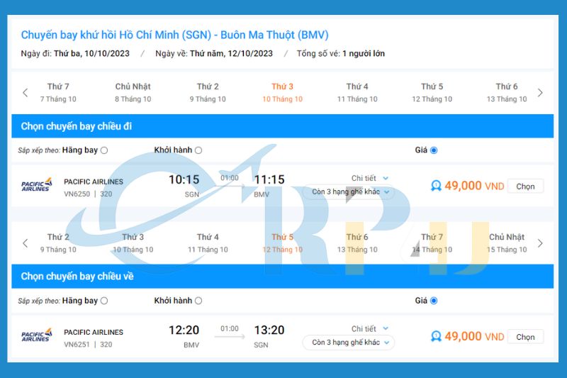Giá vé máy bay từ Sài Gòn đi Buôn Ma Thuột hãng Pacific Airlines