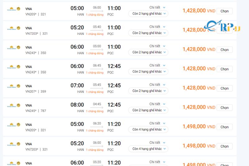 Giá vé máy bay Hà Nội - Phú Quốc của Vietnam Airlines 