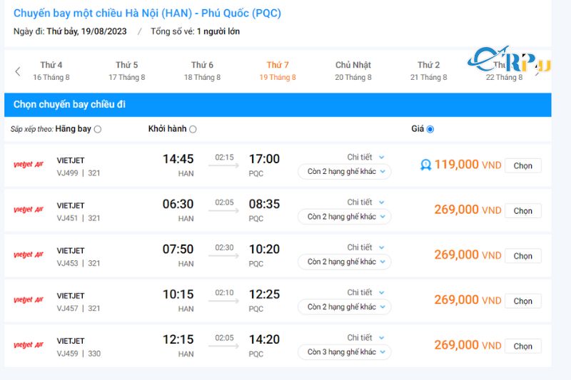  Giá vé máy bay Hà Nội - Phú Quốc của Vietjet Air