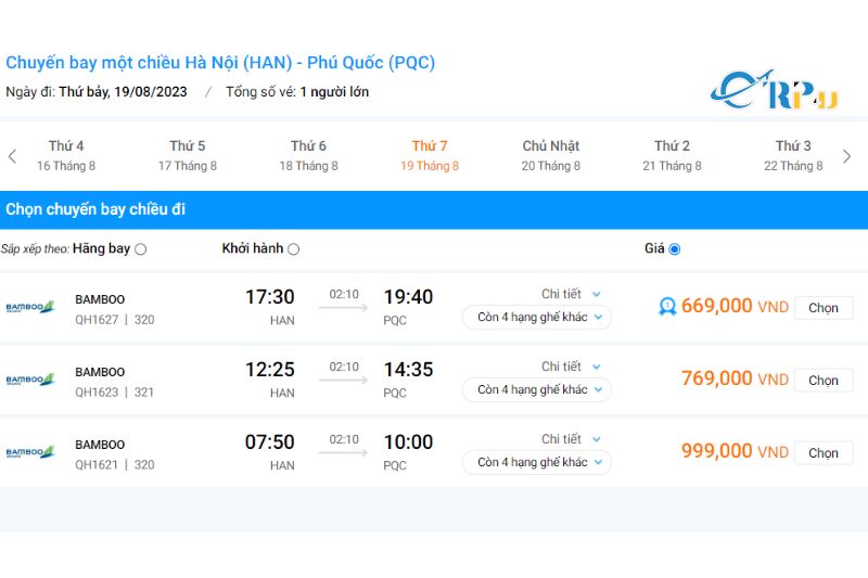 Giá vé máy bay Hà Nội - Phú Quốc của Bamboo Airways