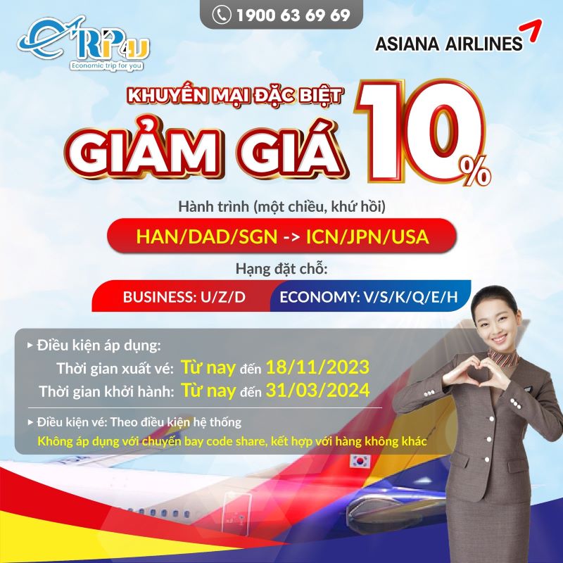 ASIANA AIRLINES: Giảm ngay 10% cho chặng bay đến Nhật, Hàn và Mỹ ASIANA AIRLINES: Giảm ngay 10% cho chặng bay đến Nhật, Hàn và Mỹ