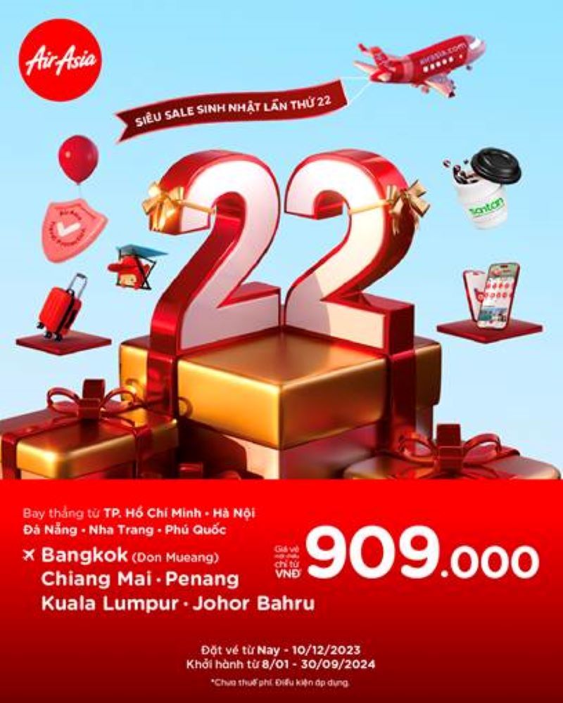 AirAsia: Siêu sale sinh nhật lần thứ 22 với nhiều ưu đãi khủng AirAsia: Siêu sale sinh nhật lần thứ 22 với nhiều ưu đãi khủng
