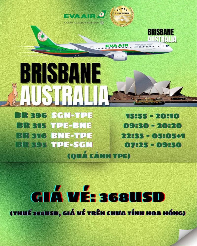 Bay đến Brisbane chỉ từ 368 USD cùng EVA AIR Bay đến Brisbane chỉ từ 368 USD cùng EVA AIR