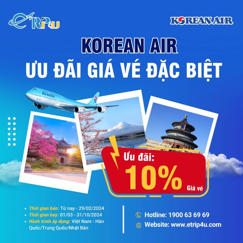 Ưu đãi 10% giá vé khi bay đến Hàn Quốc, Nhật Bản, Trung Quốc