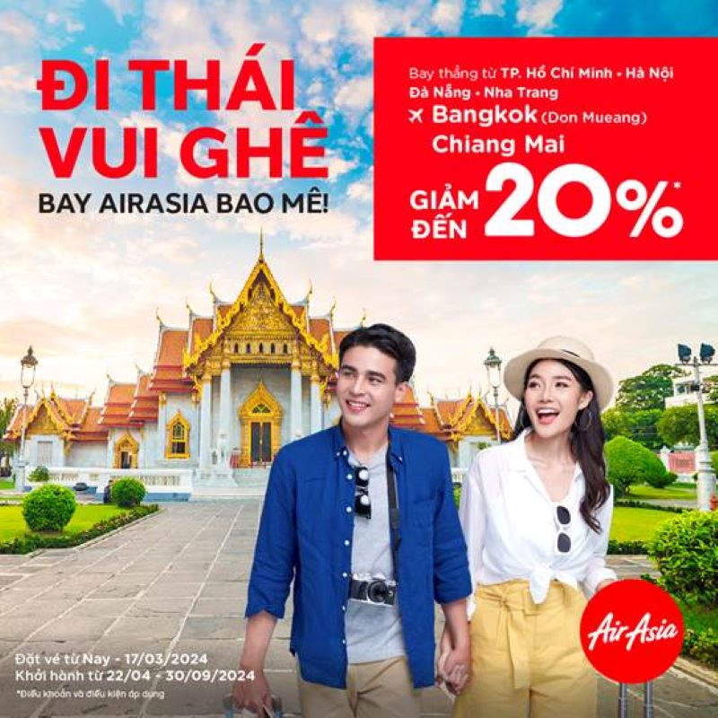 Deal xịn giảm tới 20% mọi chuyến bay đi Thái Lan từ AirAsia