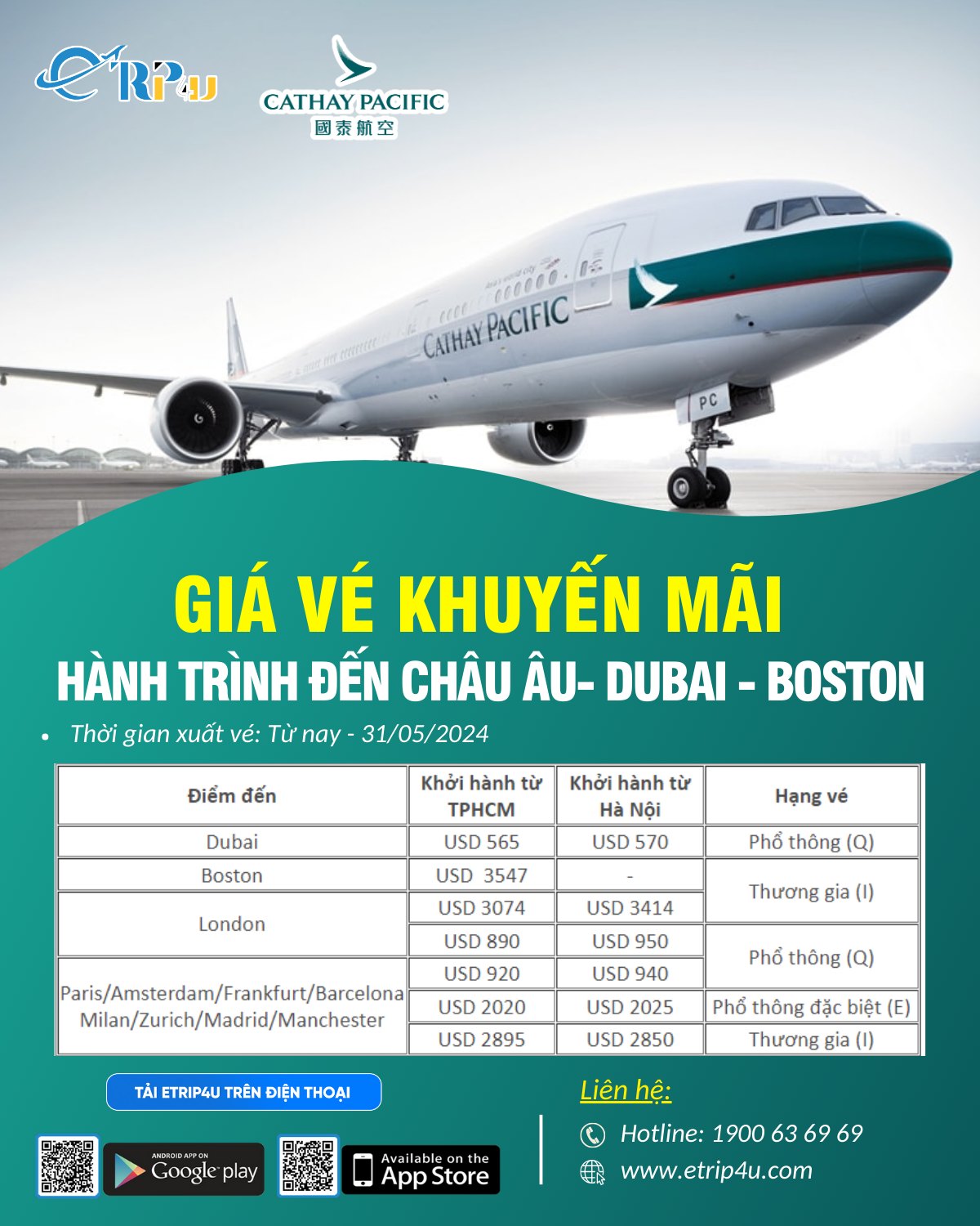 Cathay Pacific: Khuyến mãi hành trình đến Châu Âu- Dubai - Boston Cathay Pacific: Khuyến mãi hành trình đến Châu Âu- Dubai - Boston