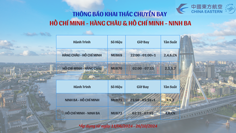 China Eastern Airlines: Khai thác chuyến bay HCM - Hàng Châu/Ninh Ba China Eastern Airlines: Khai thác chuyến bay HCM - Hàng Châu/Ninh Ba