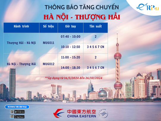 China Eastern Airlines thông báo tăng chuyến chặng Hà Nội - Thượng Hải China Eastern Airlines thông báo tăng chuyến chặng Hà Nội - Thượng Hải