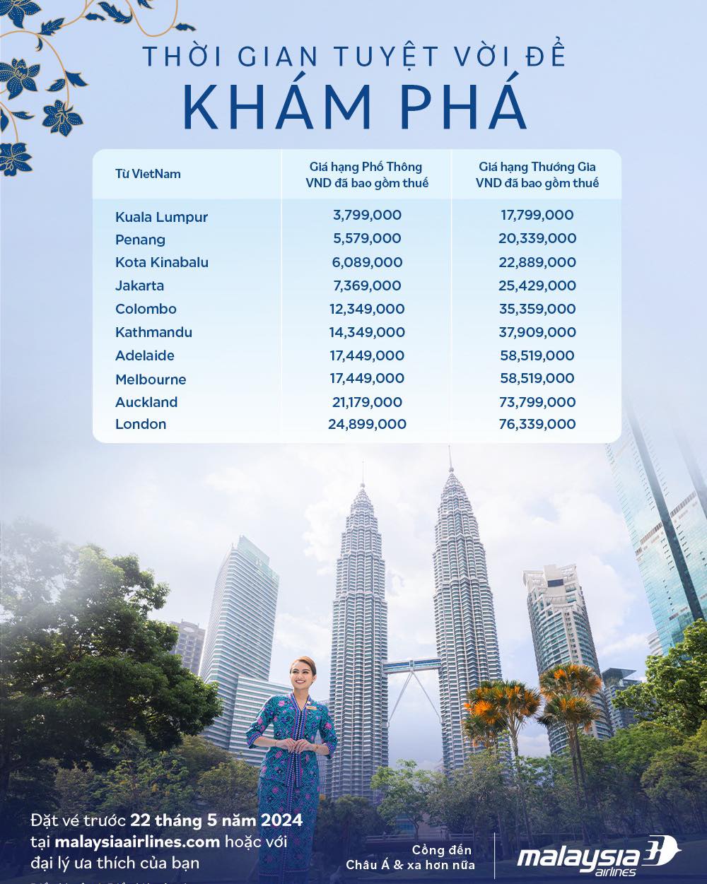 Malaysia Airlines: Ưu đãi cực lớn với giá ưu đãi chỉ từ 3.799.000 vnđ
