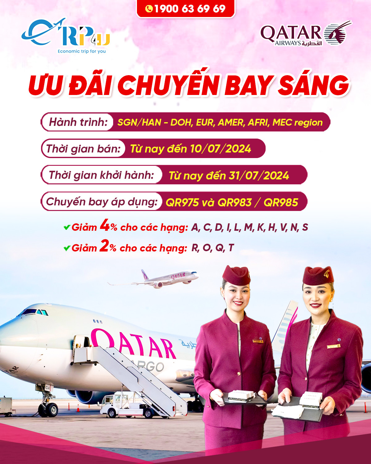 Qatar Airways: Ưu đãi chuyến bay sáng, giảm tới 4% giá vé Qatar Airways: Ưu đãi chuyến bay sáng, giảm tới 4% giá vé