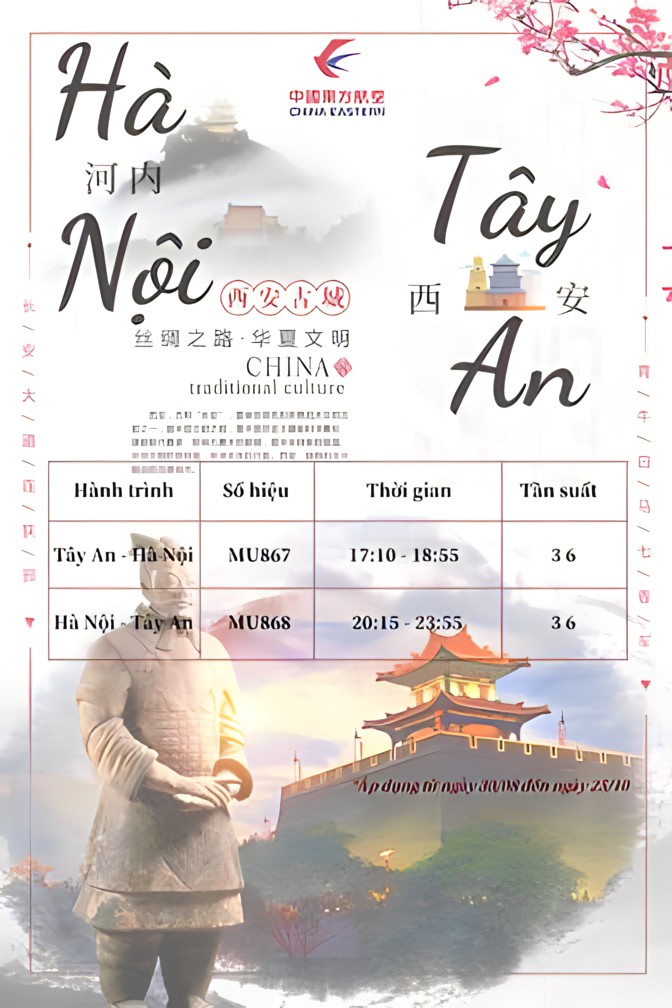 China Eastern Airlines tăng chuyến đường bay Hà Nội –Tây An China Eastern Airlines tăng chuyến đường bay Hà Nội –Tây An