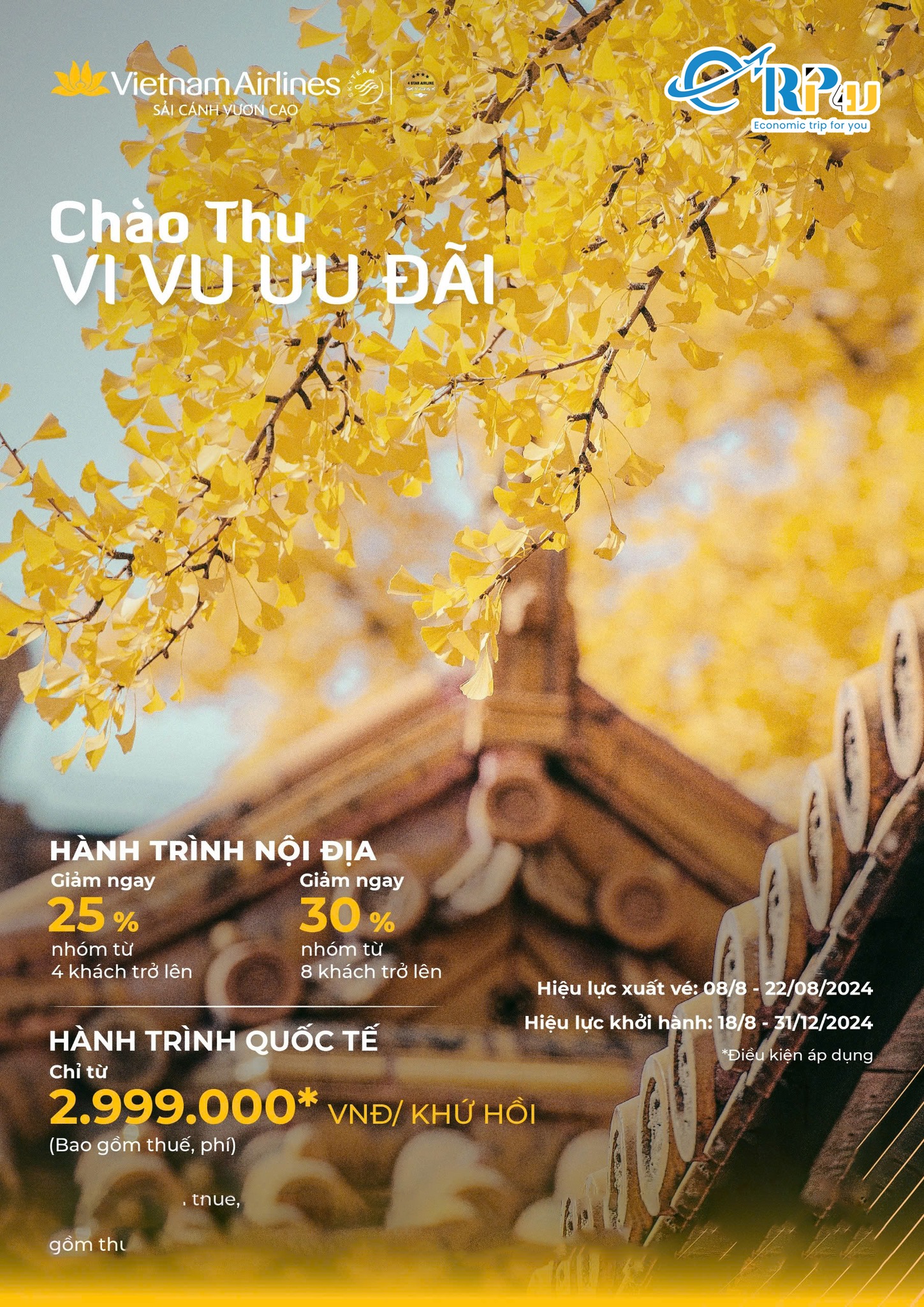 Vietnam Airlines: Chào Thu với nhiều mức giá hấp dẫn, giảm đến 30% Vietnam Airlines: Chào Thu với nhiều mức giá hấp dẫn, giảm đến 30%