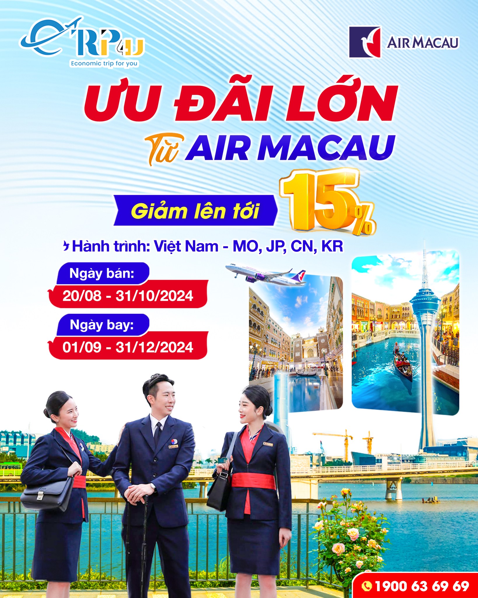 Air Macau: Ưu đãi lớn, giảm tới 15% giá vé Air Macau: Ưu đãi lớn, giảm tới 15% giá vé