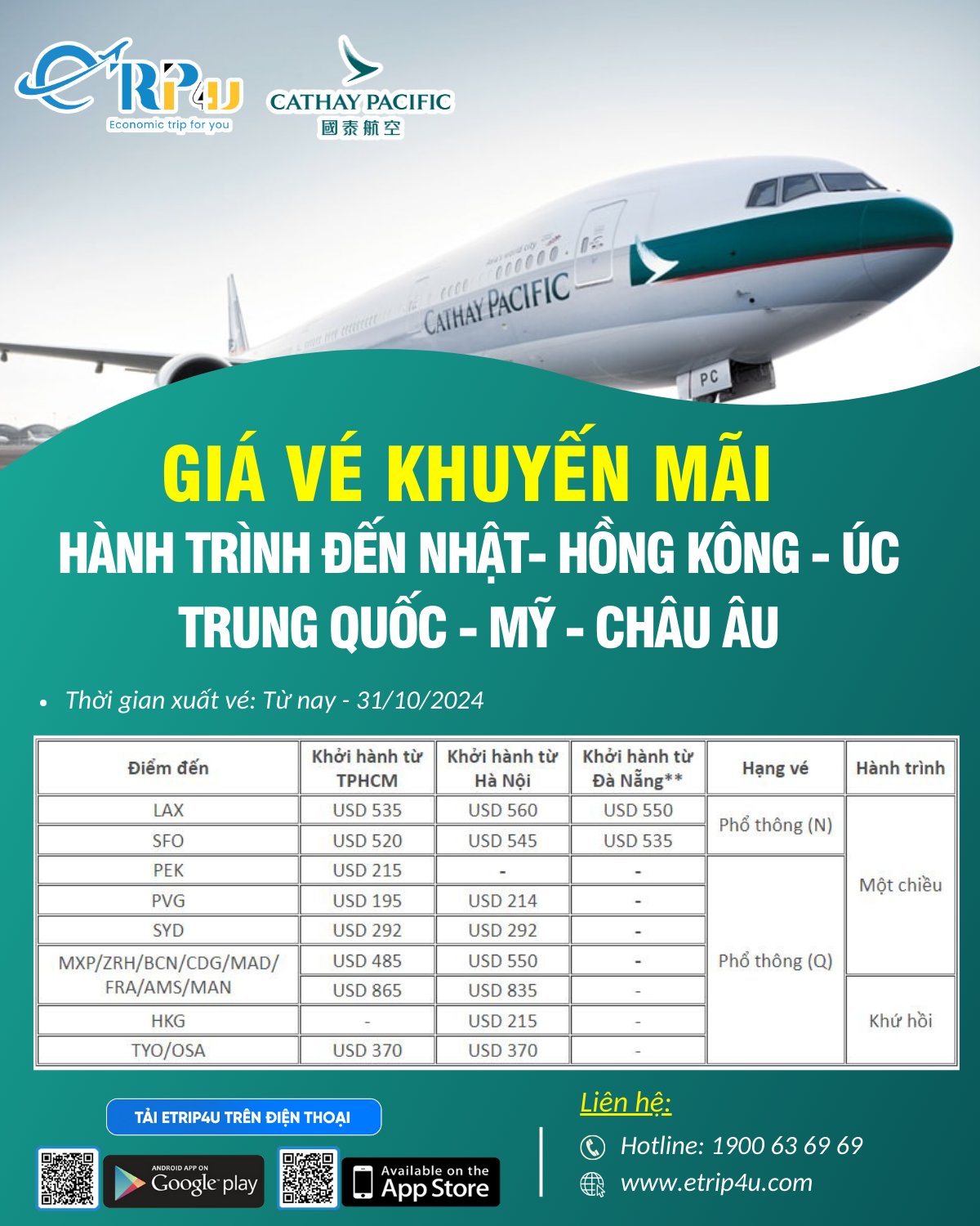Cathay Pacific: Cập nhật ưu đãi đặc biệt tháng 10 chỉ từ 195 USD Cathay Pacific: Cập nhật ưu đãi đặc biệt tháng 10 chỉ từ 195 USD