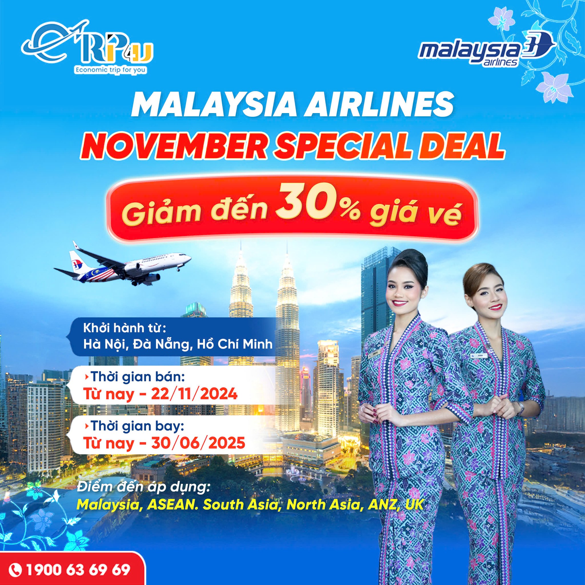 Malaysia Airlines: Ưu đãi tháng 11, giảm đếm 30% giá vé Malaysia Airlines: Ưu đãi tháng 11, giảm đếm 30% giá vé