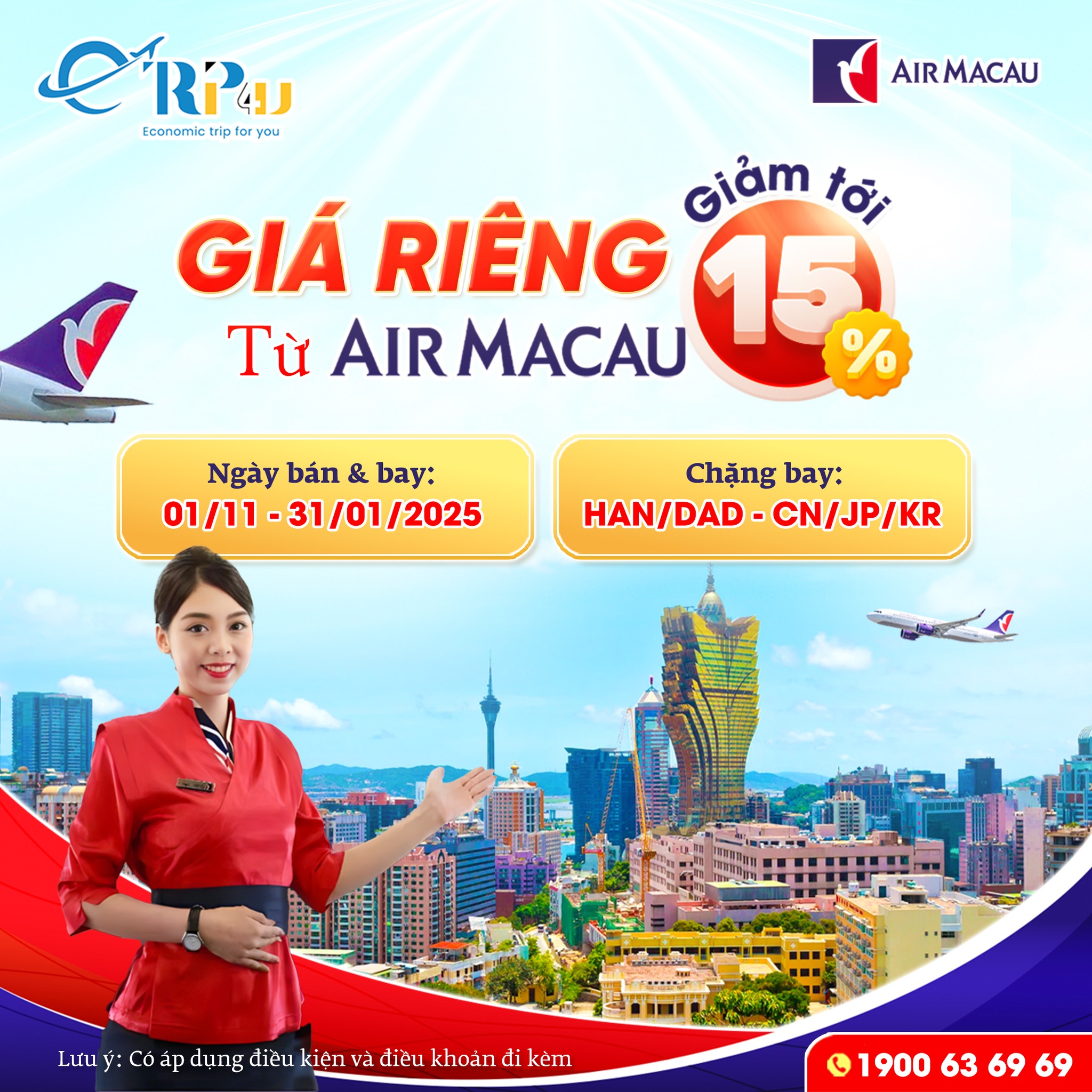 Air Macau: Ưu đãi giá riêng khi đặt vé tại Etrip4u, giảm tới 15% Air Macau: Ưu đãi giá riêng khi đặt vé tại Etrip4u, giảm tới 15%