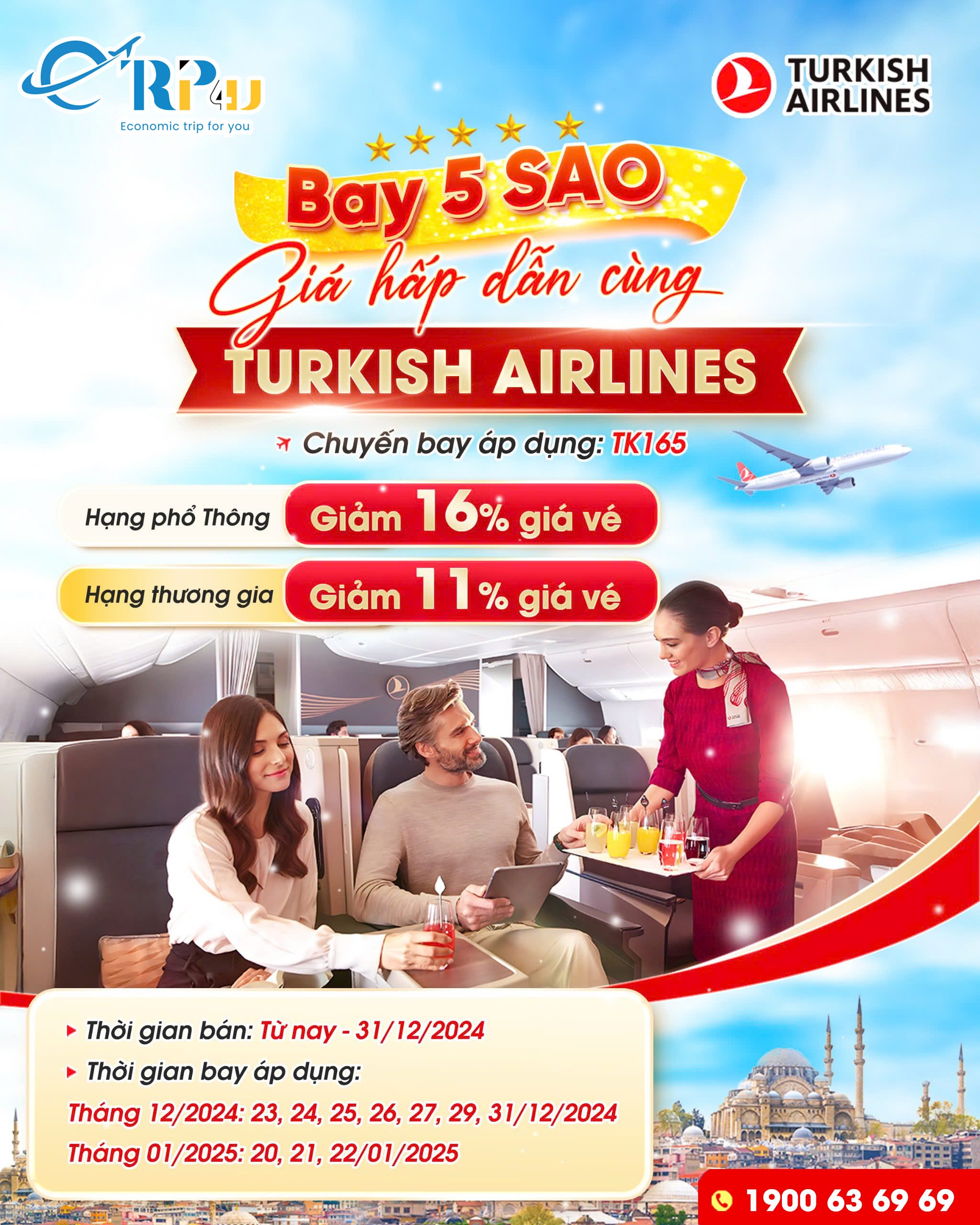 Ưu đãi giá cực tốt khi bay có chiều đi sử dụng chặng TK165 Ưu đãi giá cực tốt khi bay có chiều đi sử dụng chặng TK165