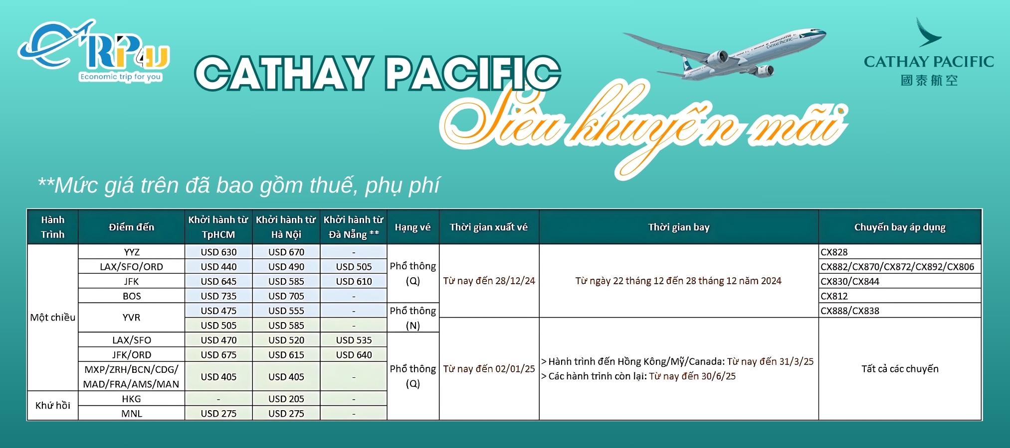 Cathay Pacific: Ưu đãi đặc biệt tháng 12 Cathay Pacific: Ưu đãi đặc biệt tháng 12
