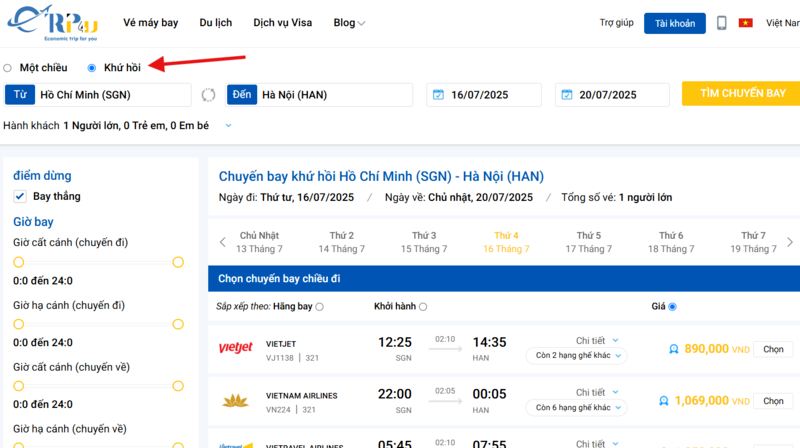 Đặt vé máy bay khứ hồi đơn giản trên Etrip4u