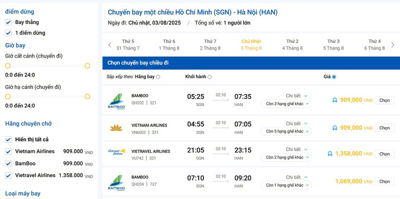 So sánh giá vé của các hành trình So sánh giá vé của các hành trình