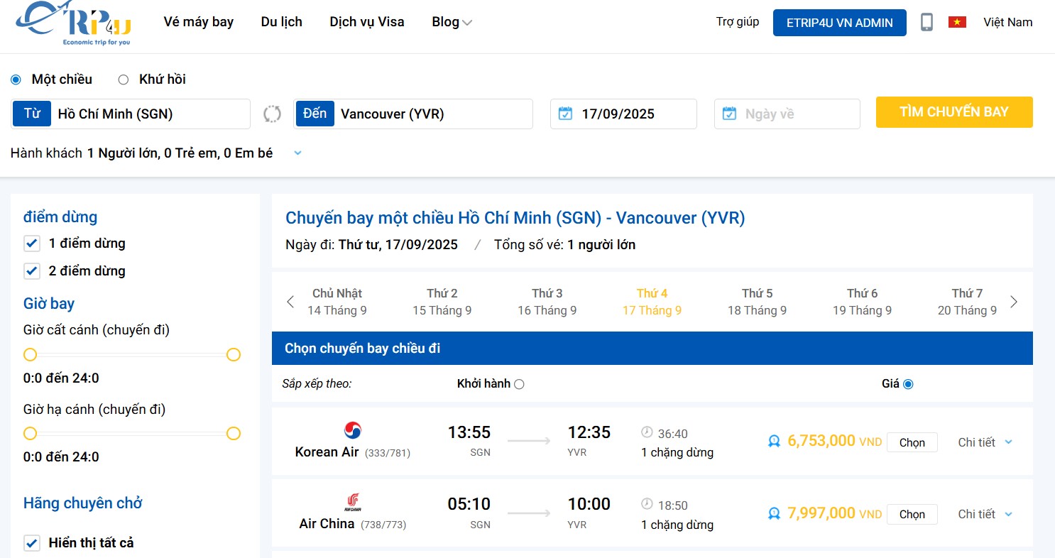  Giá vé máy bay đi Canada tham khảo tại website Etrip4u