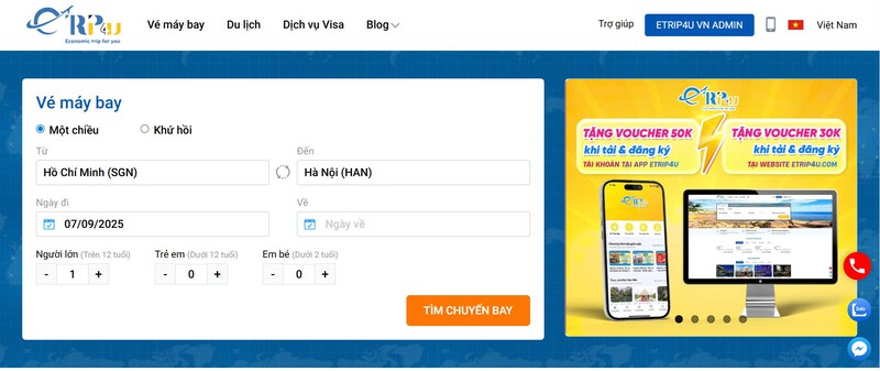 Đặt vé máy bay nội địa nhanh chóng, dễ dàng tại Etrip4u