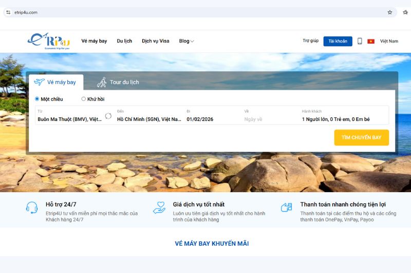 C&aacute;ch đặt v&eacute;&nbsp;m&aacute;y bay Đắk Lắk - S&agrave;i G&ograve;n tại Etrip4u