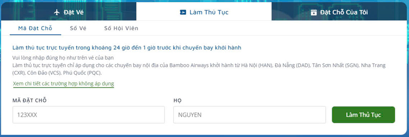 Nhập m&atilde; check-in trực tuyến Bamboo Airways