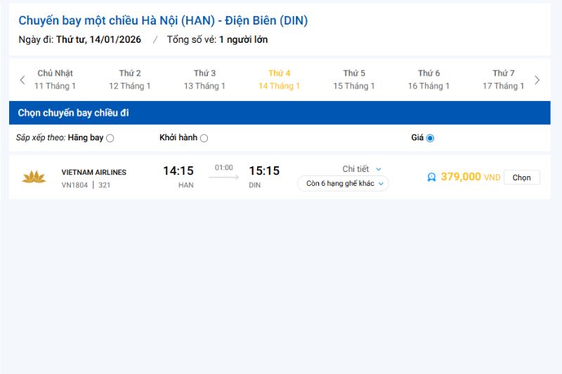 Giá vé Vietnam Airlines (chưa gồm thuế, phí) tham khảo tại Etrip4u
