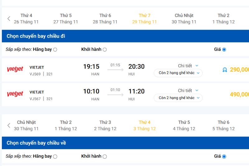 Giá vé máy bay Hà Nội Huế khứ hồi Vietjet Air